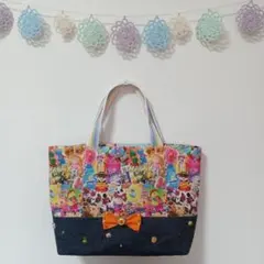 アメコミ　アメカジ　デニム生地　トートバッグ　リボン　ポケット付き　ハンドメイド