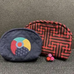 ハンドメイドポーチ2点セットと可愛いお花のブローチ　和風柄小物入れ