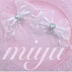 ヘアクリップ　（レースリボン♡きらきらダブルチャーム）　ロリィタ　推し　白
