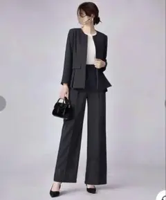 レディース パンツスーツ セットアップ ノーカラージャケット ワイドパンツ