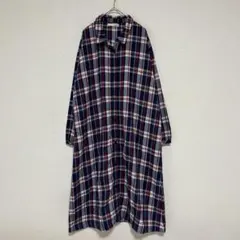 シューラルー ロングシャツワンピース チェック柄 ゆったり ネイビー系 L