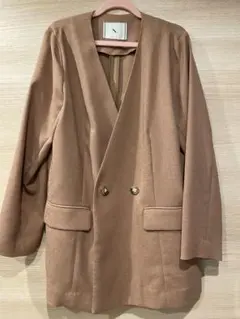 ブラウン ノーカラーダブルブレストジャケット