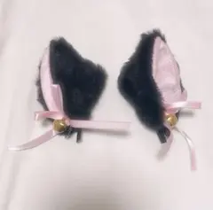 猫耳 ヘアクリップ 黒ピンク ヘアピン リボン付き 地雷 コンカフェ 量産型