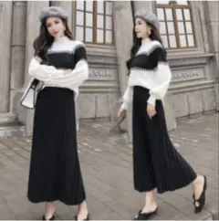 モックネック　バルーン袖　ニット&スカート　セットアップ　フリーサイズ