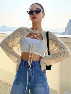 透かし編み アイボリー 長袖カーディガン サマーカーディガン