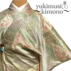 PP512 洗える着物 小紋 袷 クリーム色 緑 茶 対象身長～151cm 扇