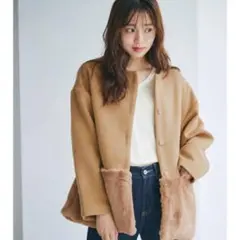 BASEMENT online ／ウール混　裾ファーノーカラーコート　キャメルのサムネイル