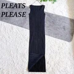 美品　総丈123㎝　プリーツプリーズ　ノースリーブ　ロングワンピース　ネイビー