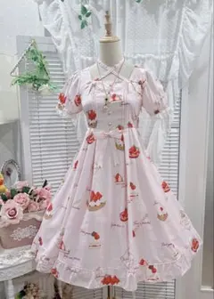 新品タグ付き❣️アベイルまゆろんいちご柄とリボン柄JSK 4Lホワイト