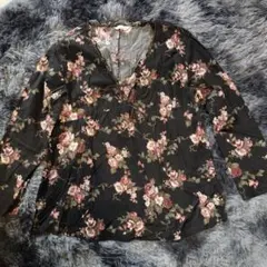 ❤*❤様 花柄　Vネック　トップス　長袖シャツ　3L　ブラック　綿100％