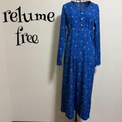 relume/free/ 青/花柄/ロングワンピース/ ウエスト切り替え