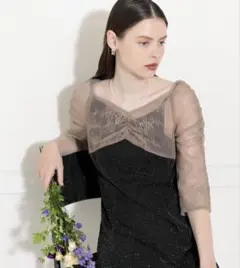 【LEJA】レース切替透けキラキラAラインロングドレスワンピース