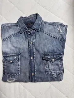 デニムブルー ダメージ加工 長袖シャツ　zara