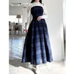 ①リゼクシー チェックレイヤードフレアワンピース ネイビー
