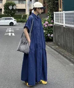 CORNERSbyKRサイドギャザーシャツワンピース L 半袖ネイビー