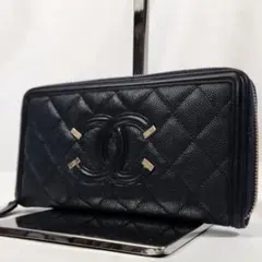 美品 CHANEL 長財布 CCフィリグリー キャビアスキン ココマーク 黒×紺のサムネイル