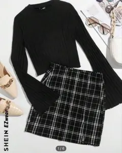SHEIN リブ編み長袖トップス＆チェック柄スカートセット