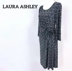 【美品】ローラアシュレイ＊ツイストリボンドレープ 花柄ドレスワンピース 黒 M