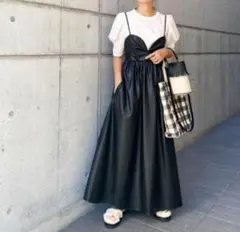 ZARA ザラ　レザー　キャミソールワンピース　ロング　フレア　マキシ　ブラック