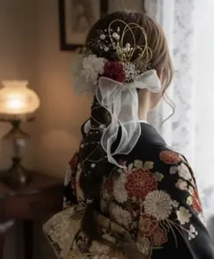 ホワイトリボンヘアアクセサリー　成人式　髪飾り　卒業式　振袖　結婚式