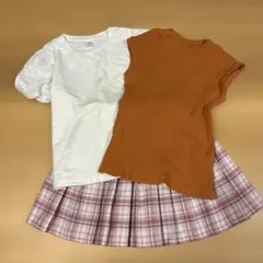 キッズ プリーツスカート ピンク　Tシャツ　白　フレンチスリーブ　オレンジ　リブのサムネイル