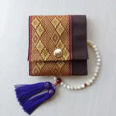 畳縁コンパクト数珠入れ数珠ケース（えんじ地 金菱形＋こげ茶）