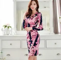 花柄ラップドレス　タイトフィットワンピース