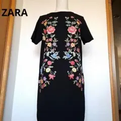 ZARA花柄刺繍プリント綺麗な膝丈ワンピース