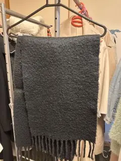 ダークグレー ウール混合 マフラー フリンジ付き