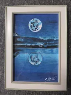 月夜 手描きアクリルミニ絵画 原画一点物（フレーム付き）
