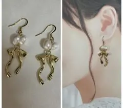 ハンドメイドピアスNo.270 ダブルリボンピアス