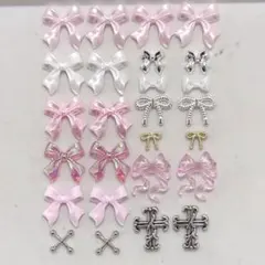 【残り1点】ネイルパーツピンクリボン　シルバー　オーロラ　パール　春　十字架地雷