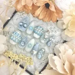 250 青系パール装飾ネイルチップセット