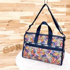 【レスポートサック】カラフル フラワー 花柄 ボストンバッグ 軽量 紺ネイビー