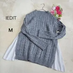 【IEDIT イディット】異素材切り替え ケーブルニット セーター グレー M