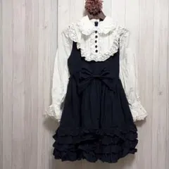 レディースフリルレースリボンワンピース☘️ネイビーロリータゴスロリ姫系長袖訳あり