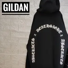 海外製ギルダンGILDAN古着スウェットパーカー黒L　裏起毛　バックプリント