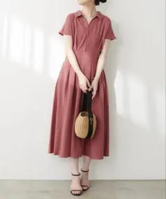美品✨ natural couture 涼しげスキッパー衿お上品ワンピース　半袖のサムネイル