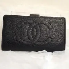 中古美品✨CHANEL ブラック レザー 二つ折り財布 ココマーク