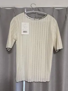 アイボリー ストライプニット 半袖Tシャツ