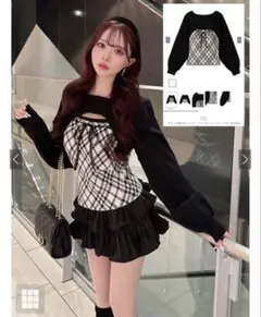 チェック柄フロントオープンリボンニットトップス[pm857] GRL