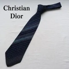 クリスチャンディオール ネクタイ 紺 ドット柄 ストライプ絹100【n8654】