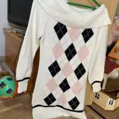 オフショルダー アーガイル柄 ニットワンピース