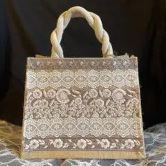 ピンク×ベージュ　淡色ジュートバッグ　インド刺繍リボン