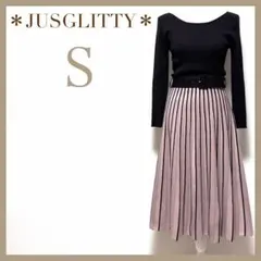 ジャスグリッティー 配色プリーツニットワンピース バイカラー ドッキング 切替え