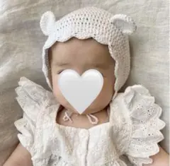 ベビー　ボンネット　ホワイト　フリル　耳つき帽子　耳付き　帽子　新生児　ニット