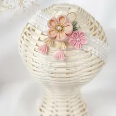 つまみ細工のベビーヘアバンド　選べるサイズ　ピンク　クリーム　お花　和装撮影