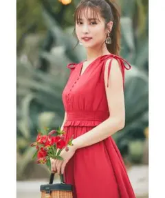 新品未開封＊トッコ　ドロスト肩リボンウエストシャーリング麻ワンピース　レッド春夏