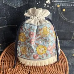 インド刺繍リボン　花柄　幅広　巾着袋　ブルー系　フラワー