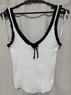 A リブ編み Vネックキャミソール L ホワイト/ブラック